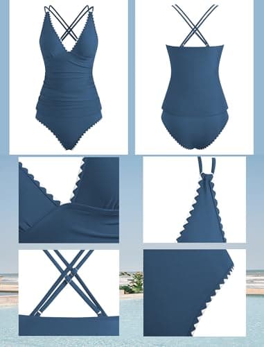 ZAFUL Tankini Swimsuits for Women 2026 Two Piece Swimsuits High Waisted Bathing Suit Shell Stitch Push Up Swim Top for Women Summer Party (Peacock Blue XL) - Thumbnail 5