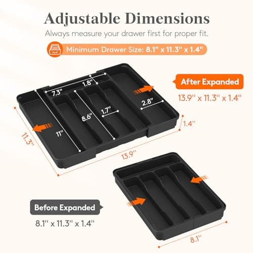 Lifewit Silverware Organizer for Drawer, Expandable Utensil Tray, BPA-Free Adjustable Cutlery Holder for Kitchen Storage, 8.1-13.9 x 11.3, Black - Thumbnail 2