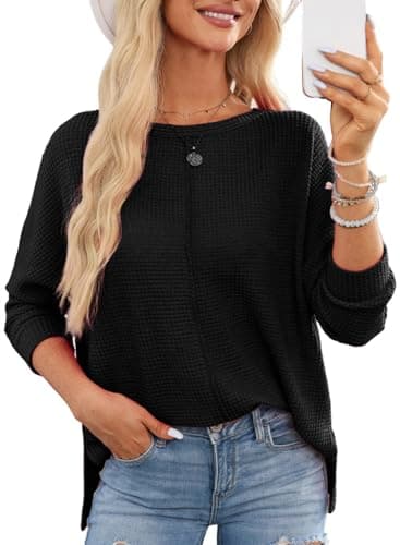 Dokotoo Womens Long Sleeve Tops Plus Size Women Blouses Dressy Casual Fall Outfits for Women 2026 Oversized Shirts Waffle Knit Top Business Casual Outfits Black Blouses M - Image 1