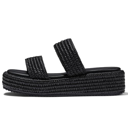 Erocalli Black Sandals Raffia Platform Wedge Espadrilles Summer Beach Shoes