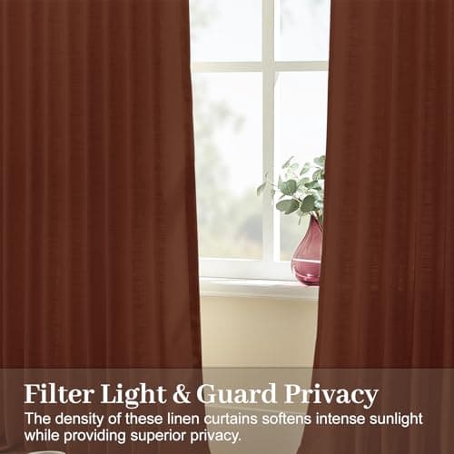 Pinch Pleated Linen Curtains 84 Inch Length 2 Panels Set, Light Filtering Linen Textured Sheer Drapes Memory Trained Pleated Curtain Back Tab for Bedroom Farmhouse with Hooks Rings, Chestnut Brown - Thumbnail 3