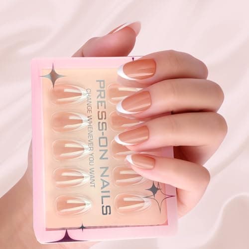 Press On Nails French Tip Almond - White Glossy Acrylic, Long Lasting Reusable Fake Nails with Glue, Adhesive Tabs, File, Prep Pad, Manicure Stick 30Pcs in 15 Sizes for Everyday or Fall