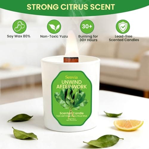 Senvia Crackling Wood Wick Candle - Soy Wax, Yuzu Citrus Scented, Non Toxic, Clean Burn for Home Office, Long Lasting for Small to Medium Rooms, Stress Relief - Thumbnail 2