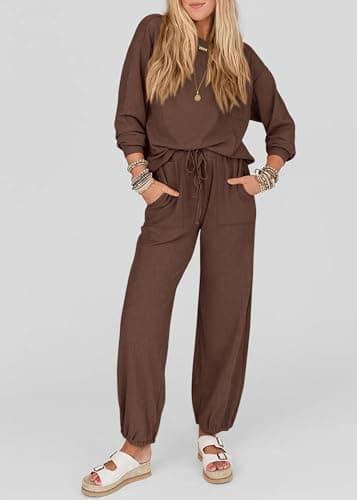KIRUNDO Lounge Sets for Women 2026 Spring Airport Travel Outfits Ribbed Knit Tops Jogger Pants Tracksuit Postpartum Comfy Set(Coffee, Medium) - Thumbnail 6
