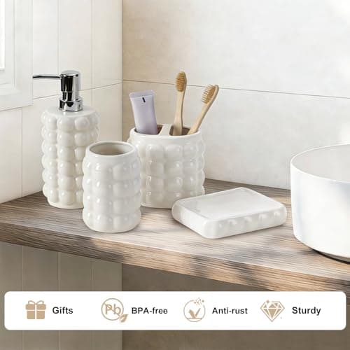4 Piece Ceramic Bathroom Accessories Set –Soap Dispenser,Toothbrush Holder,Tumbler & Soap Dish,Includes Silicone Funnel,Non-Slip,Modern Farmhouse Countertop Organizer Set for Bathroom Decor, White - Thumbnail 6