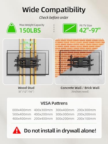 USX MOUNT Full Motion TV Wall Mount for 42-97 Inch TVs up to 150lbs, Swivel and Tilt Wall Mount TV Barcket with Extension, Max VESA 600x400mm & 16" Wood Studs，Fit Most 75 85 86 90 95 inch TVs - Thumbnail 4