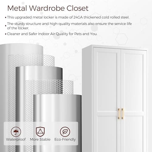 Kubohogar Metal Armoire Wardrobe Closet with 2 Doors, 71" Tall Wardrobe Closet with Doors, Hanging Rod, Drawers and Adjustable Shelves, White Clothing Storage Cabinets for Bedroom, Home Office - Thumbnail 5
