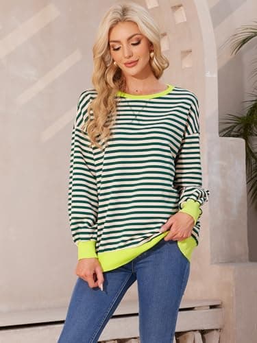 HDLTE Womens Oversized Striped Sweatshirt Crewneck Classic Color Block Long Sleeve Casual shirt Fashion Loose Pullover Tops Green - Thumbnail 6