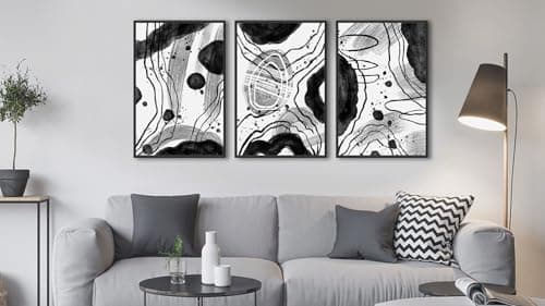 Large Framed Abstract Wall Art - Black and White Wall Decor 24"x36" Set of 3 Modern Geometric Wall Art Prints Minimalist Dots Lines Painting Canvas Pictures for Living Room Bedroom Bathroom - Thumbnail 2