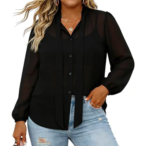 Womens Plus Button Down Shirts Chiffon Long Sleeve Tops for Women Bow Tie Neck Blouse Elegant Business Casual Outfits Black - Image 1