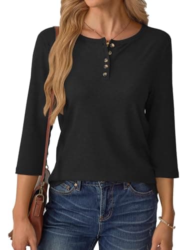 GKBK 3/4 Sleeve Womens Tops Fall Clothes Henley Casual Spring Summer Lightweight Basic Tunic Shirts Black - Thumbnail 2