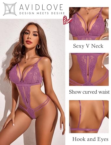 Avidlove Plus Size Lingerie for Women Lace Babydoll Bodysuit Sexy V Neck Underwaer (Purple Red, X-Large) - Thumbnail 2