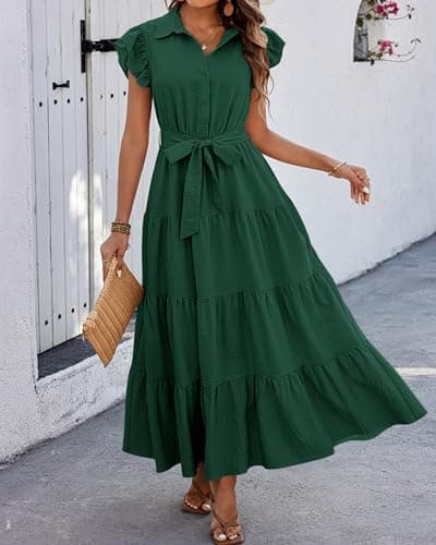 dowerme Woman Spring Dresses Cap Sleeve V Neck Button Elastic High Waist Belted Tiered Boho Flowy Swing Beach Dress(Dark Green,X-Large) - Thumbnail 6