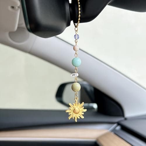 3 Pcs Christian Car Accessories for Women - Rear View Mirror Cross, Steering Wheel Rosary Charm & Air Vent Clip - Cute Girly Bling Car Decor (Green) - Thumbnail 5