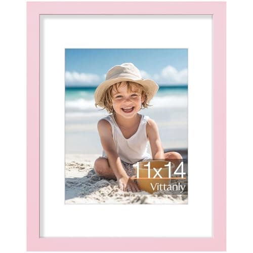 Vittanly 11x14 Picture Frame, Made of Solid Wood and Shatterproof Plexiglass, Display Pictures 8x10 with Mat or 8x10 without Mat, Wooden Photo Frame for Wall Mounting or Tabletop, Pink, 1 Pack - Image 1