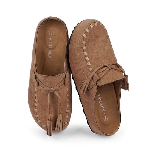 VIUGJNEX Suede Clogs for Women Slip on Tassel Fringe Women's Mules & Clogs Loafers Footbed Round Toe Suede Potato Shoes with Arch Support Office Work Casual Walking Flats Shoes Tan Size 9 - Image 1