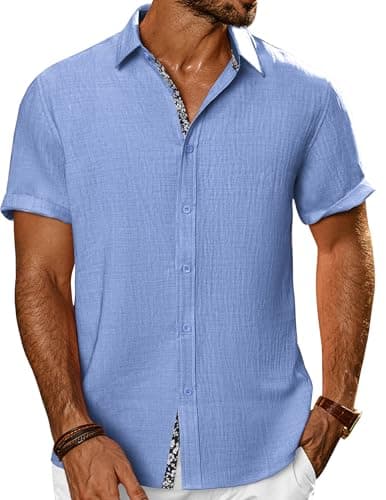 PJ PAUL JONES Men's Button Down Short Sleeve Shirt Casual Summer Beach Textured Wedding Shirts Clear Blue - Image 1