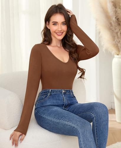 Ganado Long Sleeve Shirts for Women V Neck Thermal Shirt Layering Undershirts Plain Fitted Basic Tops (Coffee, XX-Large) - Thumbnail 3
