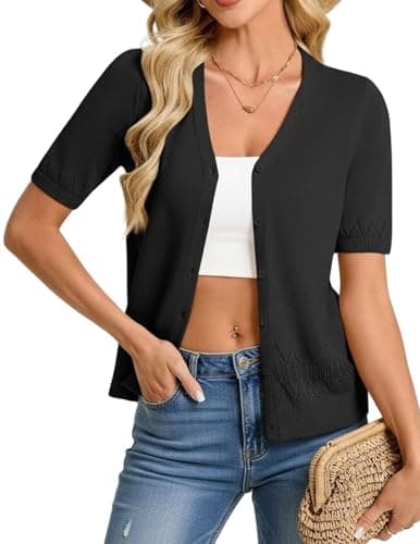 GRACE KARIN Short Sleeve Cardigans for Women Lightweight 2026 Summer Shirts Button Up Knit Sweater Tops Spring Clothes Black - Image 1