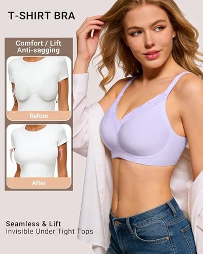 HORISUN Bras for Women Wireless Jelly Push Up Seamless Bra Full Coverage No Underwire Supportive T Shirt Bralette (Purple 34D) - Thumbnail 5