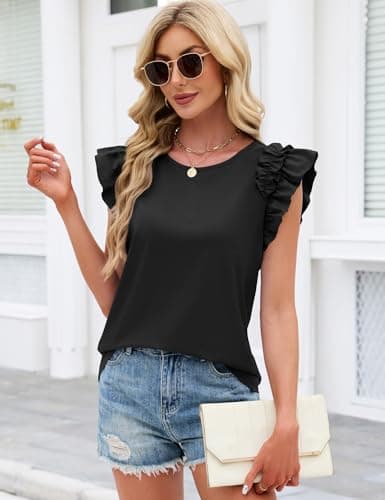 Summer Shirts for Women 2026 Trendy Casual Ruffle Short Sleeve Tops T Shirts Round Neck Cute Flutter Tee Tops Loose Fit Dressy Blouses Black XL - Thumbnail 4