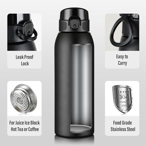 Insulated Water Bottle 24 oz with Dustproof Lid, Carry Handle & Tea Infuser, BPA-Free & Leakproof, Stainless Steel Water Bottles Ideal for Fitness, Hiking, Office & Outdoor Use (Black) - Thumbnail 3