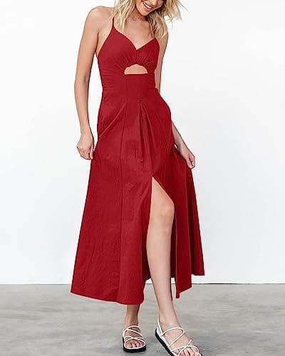 BTFBM Women 2026 Spaghetti Strap Midi Summer Dresses Sleeveless V Neck Cutout Slit Casual Beach Party Maxi Dress Pockets(Red, Medium) - Thumbnail 4