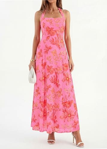 KIRUNDO Women Halter Floral Maxi Dress 2026 Summer Wedding Guest Cocktail Party Sleeveless A Line Beach Vacation Sundress(Pink, XX-Large) - Thumbnail 4