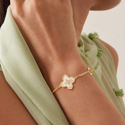 FETERO Gold Bracelets for Women Trendy, Dainty 14K Gold Plated Charm Clover Bracelet 2 Sided MOP Lucky Pendant Cute Pearl Beaded Bracelets Link Chain Waterproof Womens Jewelry Gifts - Thumbnail 3