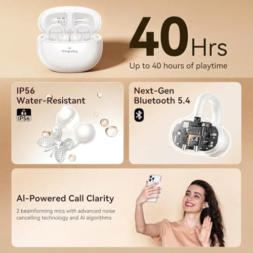 Kinglucky Jewelry-Inspired Clip-On Earbuds with Butterfly Earrings, Comfortable Fit & 40H Playtime Open Ear Bluetooth 5.4 Wireless Headphones for Women, Small Ears, Sports & Workouts (White) - Thumbnail 6