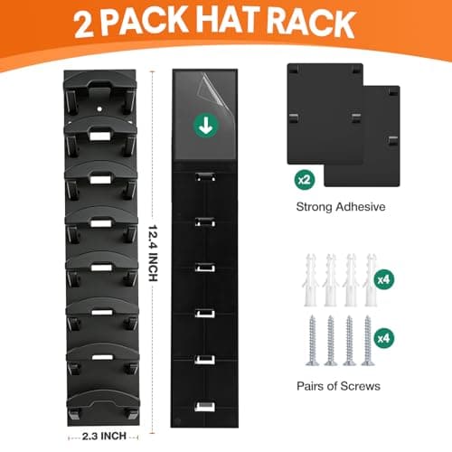 Bhtqdnq 2 Pack Hat Organizer for Baseball Caps, Hat Rack for Wall with Strong Adhesive, Hold Up to 16 Hats, Hat Rack for Door Closet, Multi-Tier Hat Organizer, Two Mounting Options (Black) - Thumbnail 2