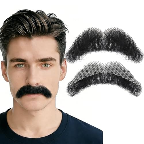 Fake Mustache and Fake Beard Natural Realistic 100% Human Hair Hand Tied Goatee False Beards with Invisible Lace, Costume Facial Hair for Men Cosplay, Halloween, Drama, and Funny Party