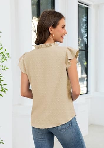 ECOWISH Womens Summer Tops Dressy Casual Ruffle V Neck Short Sleeve Blouses Swiss Dot Flowy Shirt Trendy 2026 Beige Small - Thumbnail 4