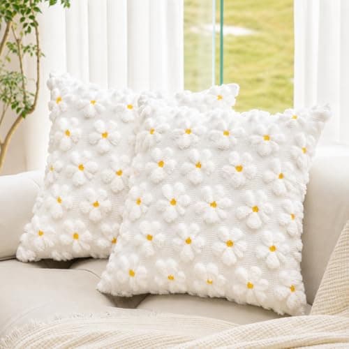 KIDHABE Spring Summer Pillow Covers 18x18 inch, Set of 2 Soft Faux Fur Jacquard Cream White Daisy Throw Pillow Cases for Sofa Couch Holiday Spring Home Decor - Image 1