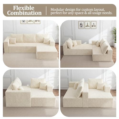 92.5" Modular Sectional Sofa, L-Shaped Cloud Couch with Deep Seats & Chaise, Convertible 4-in-1 Corduroy Boneless Couches for Living Room, Bedroom, No Need Assembly - Beige(Right Facing Chaise) - Thumbnail 5