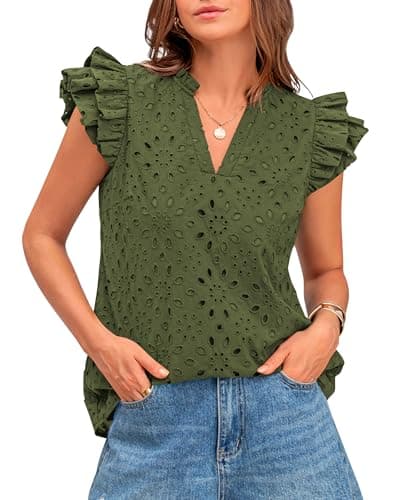 BTFBM Summer Eyelet Tops for Women 2026 Dressy Casual Spring V Neck Ruffle Cap Sleeve Embroidered Blouses Resort Wear(Army Green, Small) - Image 1