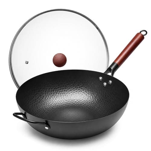 WANGYUANJI 13.4"(34cm) Carbon Steel Wok Pan with Lid,Large Flat Bottom Stir Fry Pan for Electric,Induction & Glass Top Stoves, High Stability No-Wobble Design, Lightweight Chinese Cookware, 4-6 People