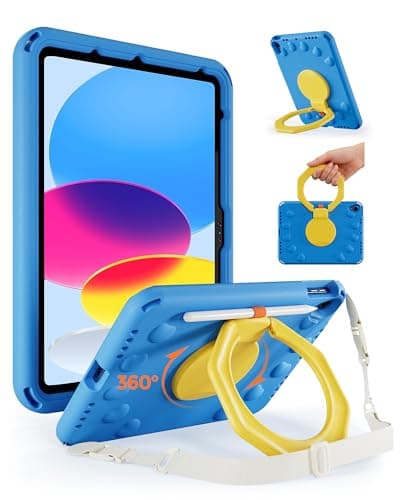 ProCase Kids Case for iPad A16 11th Gen/iPad 10th Gen 10.9 inch/iPad Air 11 inch M4 M3 M2/ Air 5th/ Air 4th, Shockproof Cover with Pencil Holder, Ring Stand Handle, Shoulder Strap -Blue & Yellow