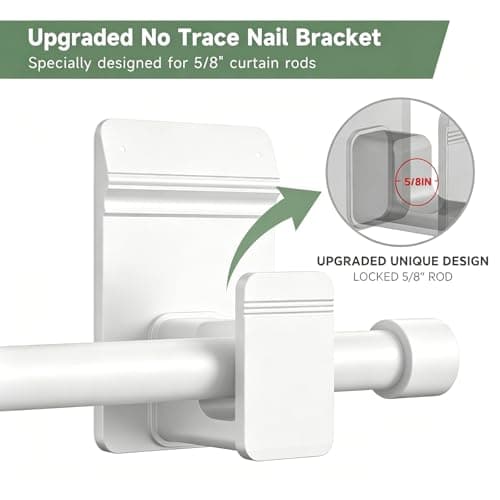 EKOTTOK No Drill Curtain Rod Brackets for 5/8" Rod, Heavy Duty 30LB+, Adhesive & Invisible Nail Curtain Rod Holders, Damage-Free Wall Mount Hooks for Bathroom, Kitchen, Bedroom (8PC, White) - Thumbnail 3