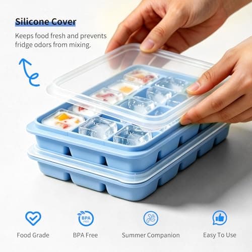 Azxb Ice Cube Trays with Lid, 1 Pack 15 Cubes Easy Release Stackable Flexible Silicone Ice Cube Trays for Freezer with Removable Silicone Lid, Ice Tray Molds for Baby Food, Whiskey, Cocktail, Coffee - Thumbnail 6