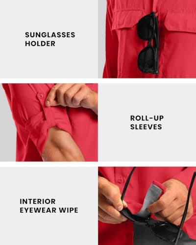 Men's Sun Protection Fishing Shirt UPF 50+ Long Sleeve Safari Hiking Travel Shirts with Pockets Quick Dry(Red Small) - Thumbnail 6
