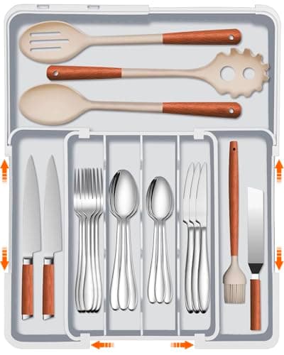 Spaclear Expandable Silverware Drawer Organizer - 7 Compartments BPA-Free Kitchen Utensil Tray, Adjustable 12.6”×9.5" to 19"×15.2", Cutlery Drawer Organizer, Gray - Image 1