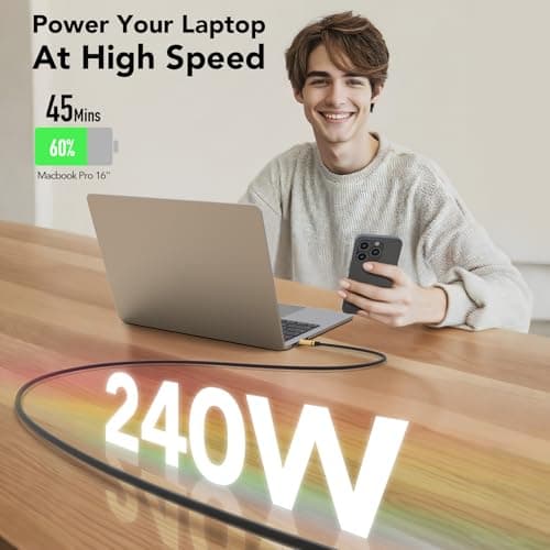 MFish 240W USB-C to USB-C Cable (PD 3.1 EPR), 480Mbps Speed, Fast Charging Type C Cable for MacBook Pro/Air, iPhone 17/16 Pro, Galaxy S25/S24, Laptops, iPad, Durable Silicone, 6FT Black - Thumbnail 3