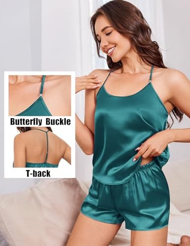 Ekouaer Silk Satin Pajamas Set for Women T-back Lingerie Pjs Cami Top and Shorts Sleepwear Gift for Honeymoon Party Blue Green XX-Large - Thumbnail 4