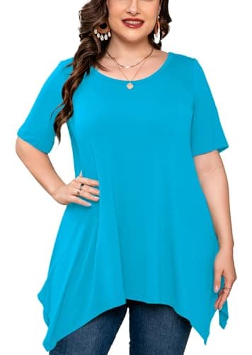AusLook Plus Size Tops for Women Tunic Clothes Short Sleeve Bright Blue Summer 2X Blouse Swing Tee Crewneck Clothing Flowy Shirts for Leggings - Image 1