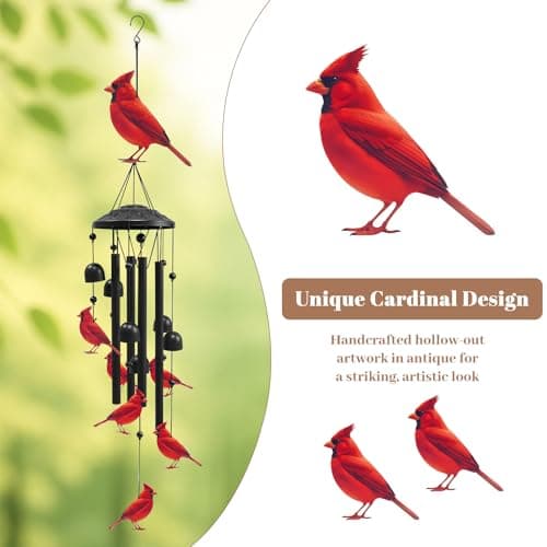Ptazucv Cardinal Wind Chimes for Outside, Black Metal Windchimes Outdoors, Cardinals Gifts for Women/Men, Garden/Yard Decor, Memorial/Birthday Gifts for Grandma/Mom, Durable Chimes for Outdoors - Thumbnail 5