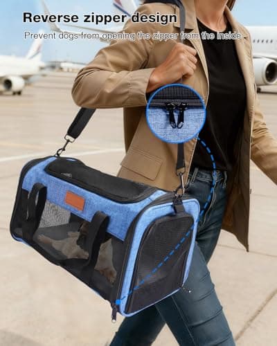 FOXFOCUS Pet Carrier Airline Approved 17x11x9.5 in - Underseat, Top & Side Entry Soft Dog Cat Travel Carrier with Safety Zippers ＆ Anti-Scratch Mesh for Small Cat and Dog for Pets Up to 10 Lb - Blue - Thumbnail 5