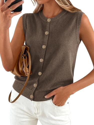 BTFBM Sweater Vest Women Casual Crewneck Loose Button Down Knit Sleeveless Cardigan 2026 Spring Clothes Summer Vest Tops(Grey Brown, Large) - Image 1