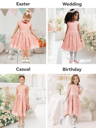 ALLOVIN Girls & Toddlers Sleeveless A-Line Lace Party Dress Birthday Wedding & Flower Girl Dress with Beaded Bowknot | Pink | 3-4T - Thumbnail 6
