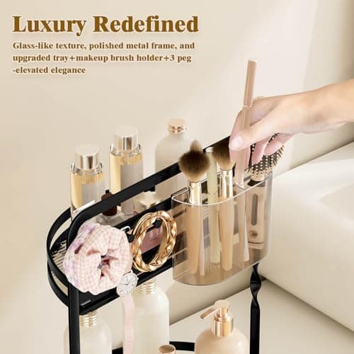 DUANFEE 360 Rotating Makeup Organizer, 2-Tier Black Perfume Organizer for Dresser, Bathroom Counter Organizer, Lazy Susan Vanity Tray Spinning Skincare Storage with Jewelry Hooks & Makeup Brush Holder - Thumbnail 3